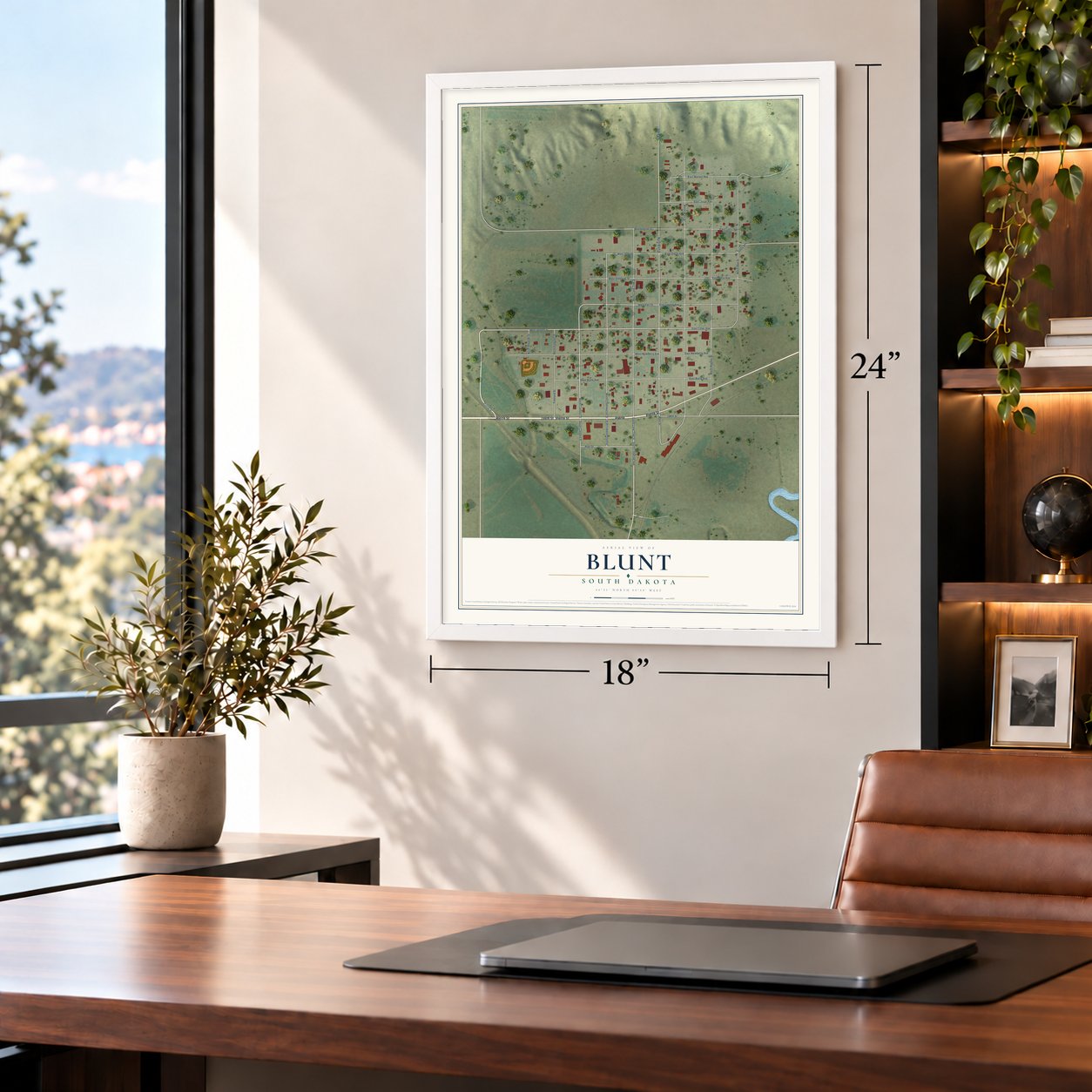 Blunt, South Dakota map, 18 x 24 inch print in a white frame in a home office