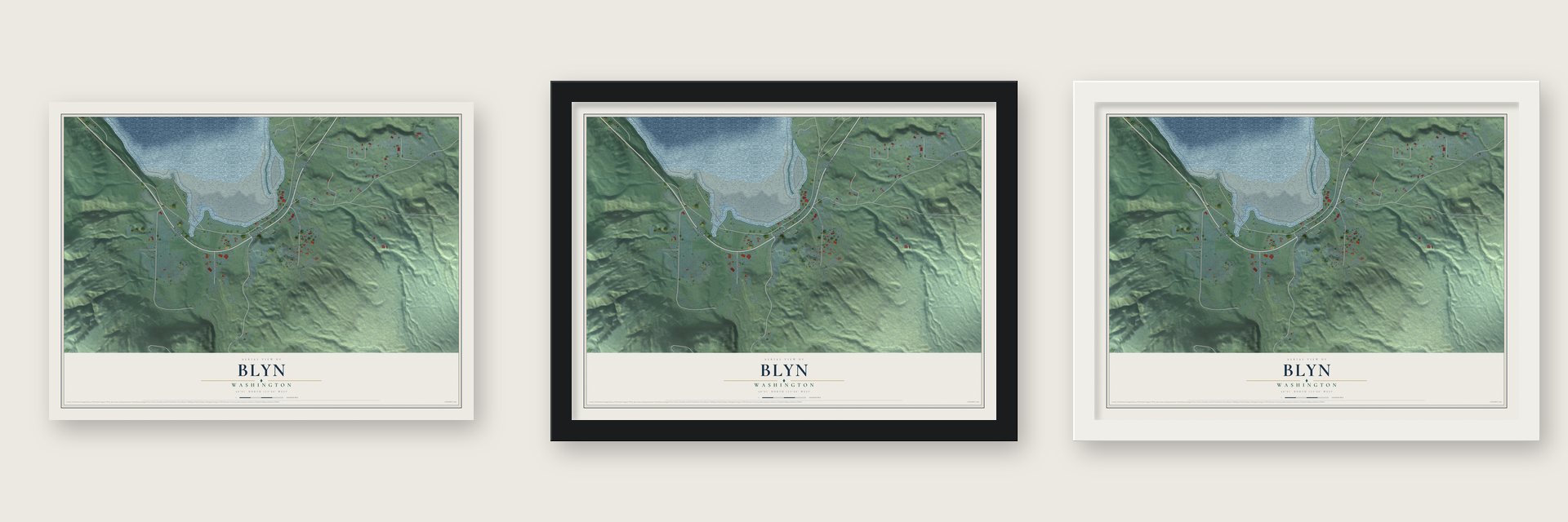 Blyn, Washington map unframed, in a black wood frame and in a white wood frame
