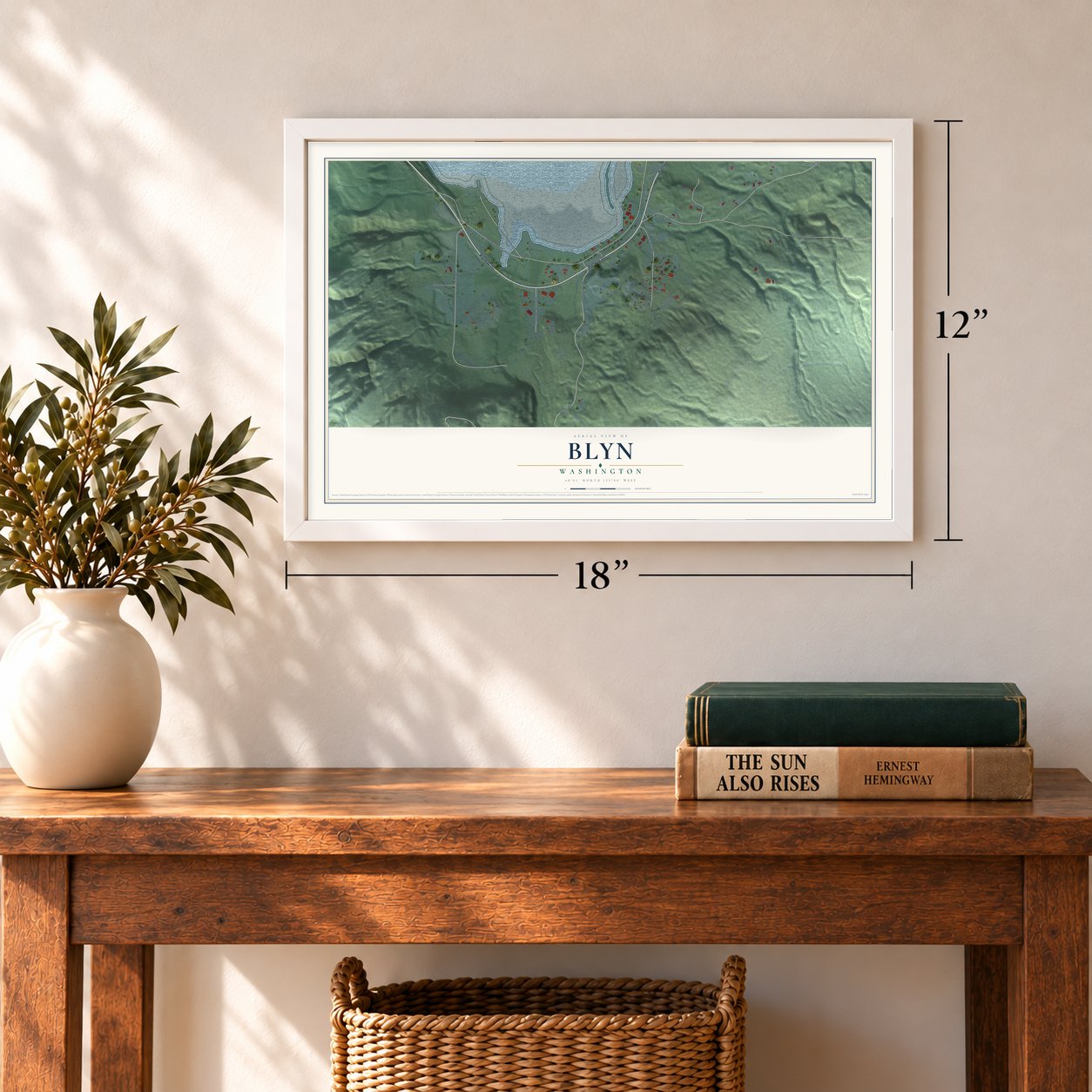 Blyn, Washington map, 12 x 18 inch print in a white frame in an entryway