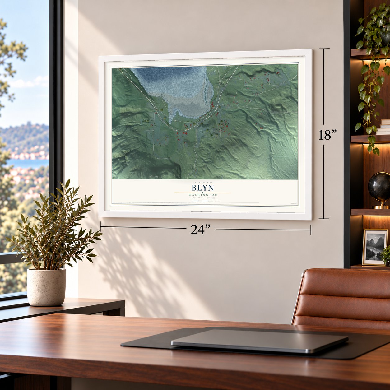 Blyn, Washington map, 18 x 24 inch print in a white frame in a home office