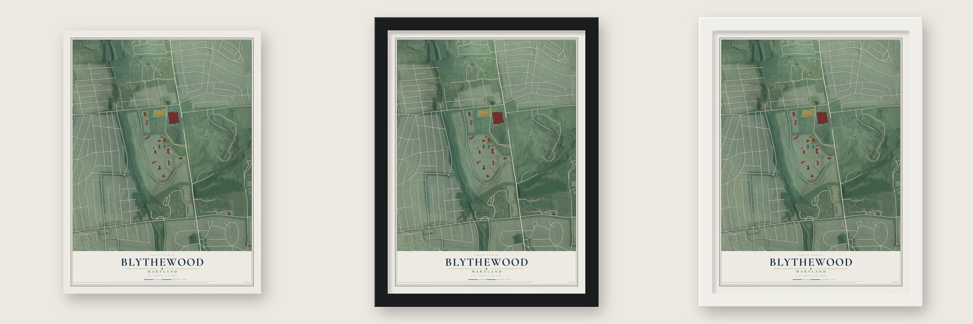 Blythewood, Maryland map unframed, in a black wood frame and in a white wood frame