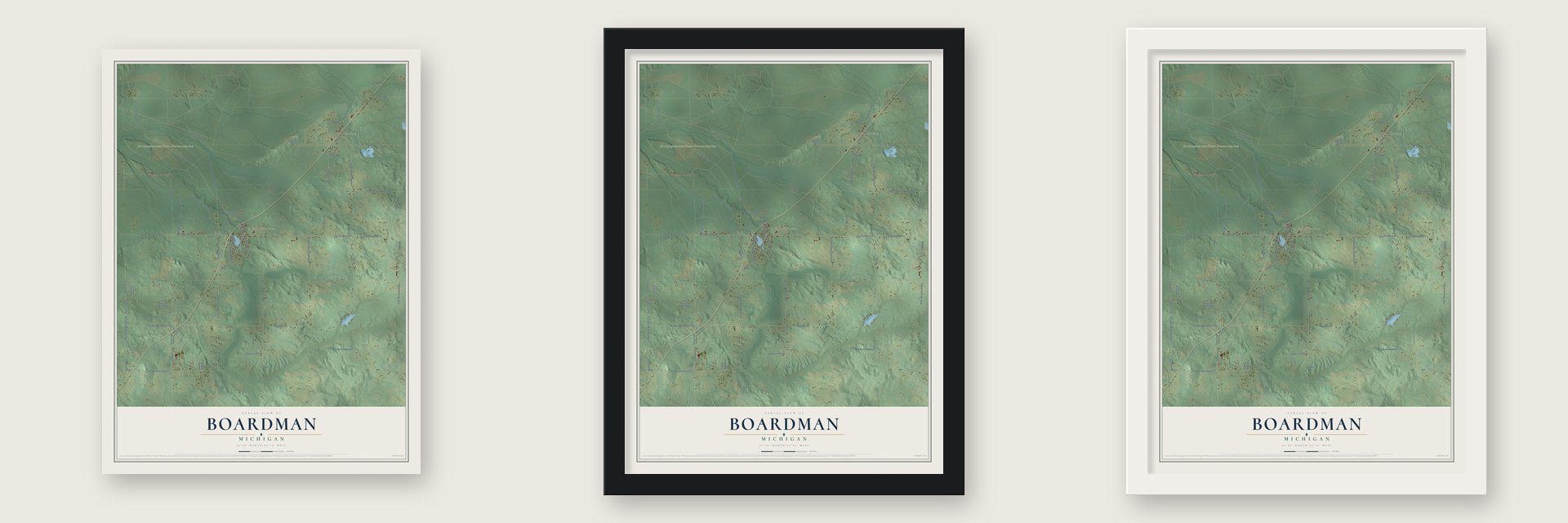 Boardman, Michigan map unframed, in a black wood frame and in a white wood frame