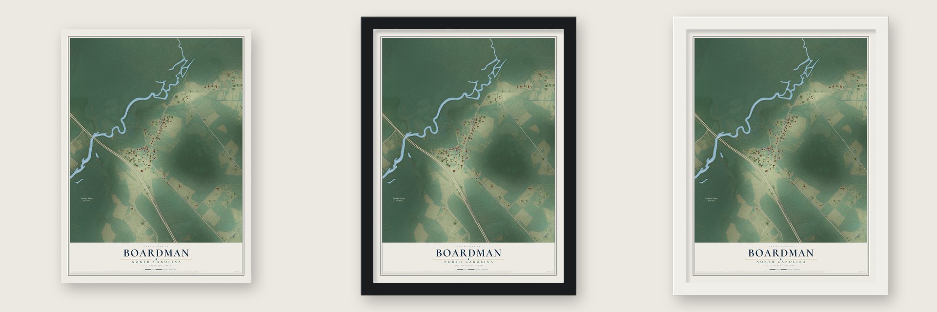 Boardman, North Carolina map unframed, in a black wood frame and in a white wood frame