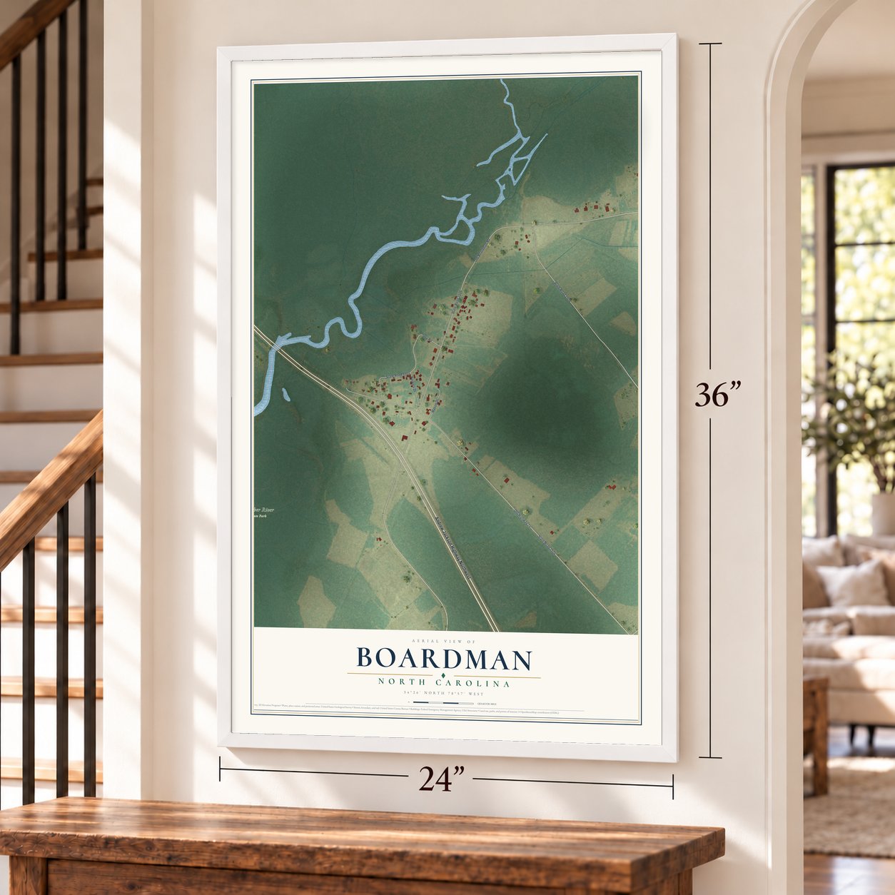 Boardman, North Carolina map, 24 x 36 inch print in a white frame by a staircase