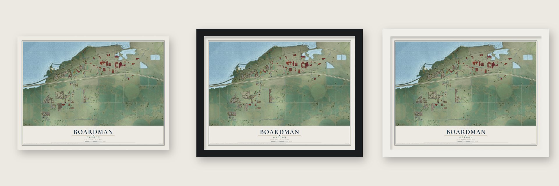 Boardman, Oregon map unframed, in a black wood frame and in a white wood frame