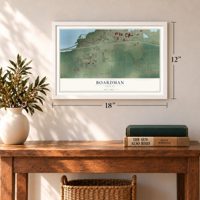 Boardman, Oregon map, 12 x 18 inch print in a white frame in an entryway