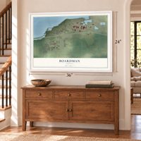 Boardman, Oregon map, 24 x 36 inch print in a white frame above a dresser by a staircase