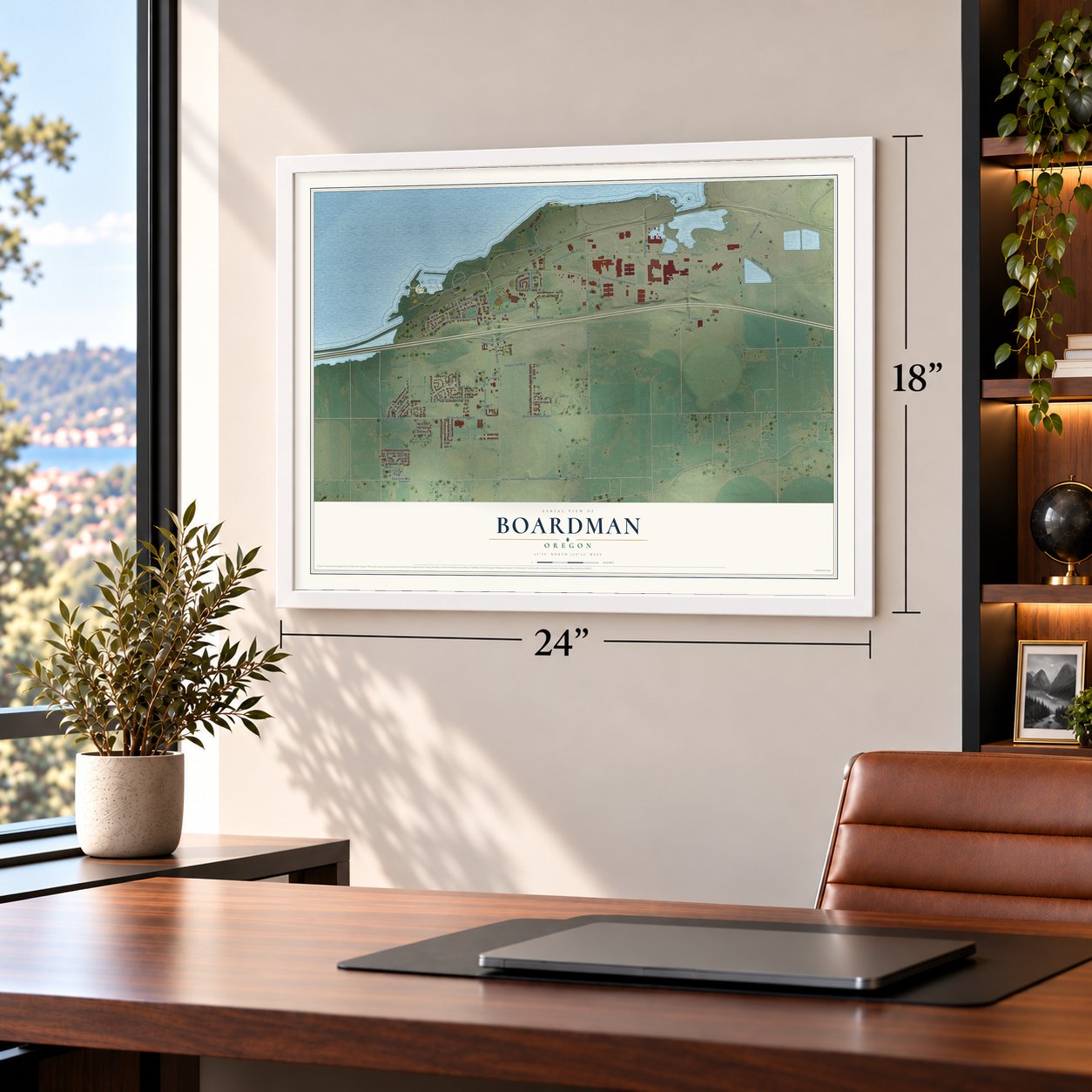 Boardman, Oregon map, 18 x 24 inch print in a white frame in a home office