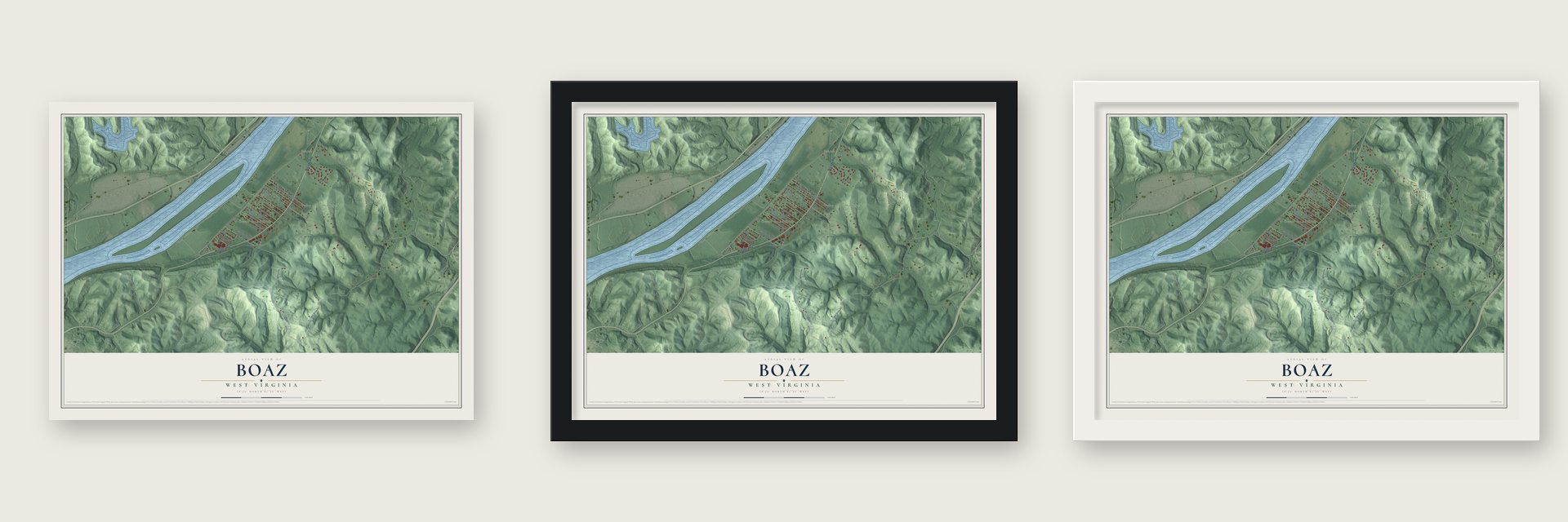 Boaz, West Virginia map unframed, in a black wood frame and in a white wood frame