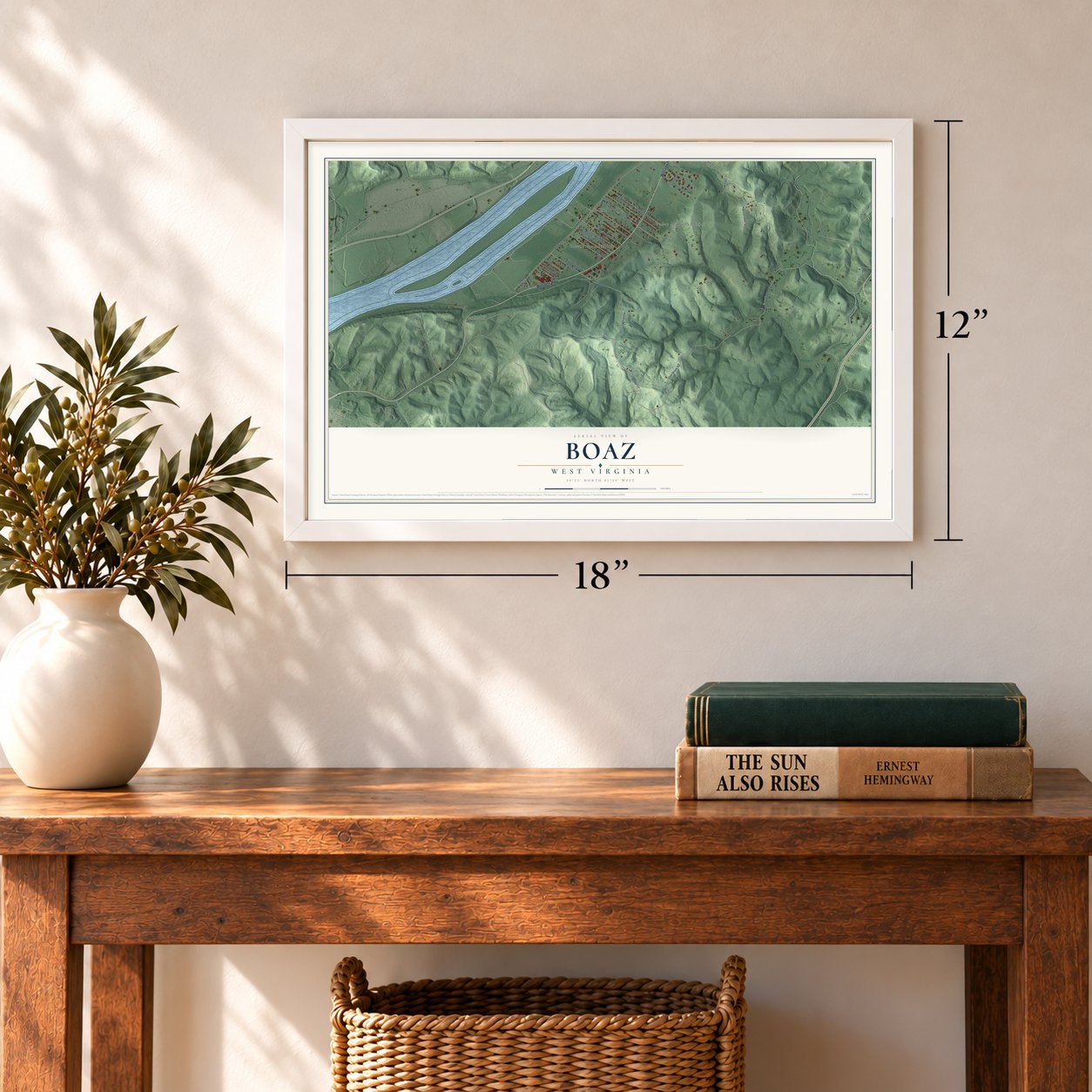 Boaz, West Virginia map, 12 x 18 inch print in a white frame in an entryway