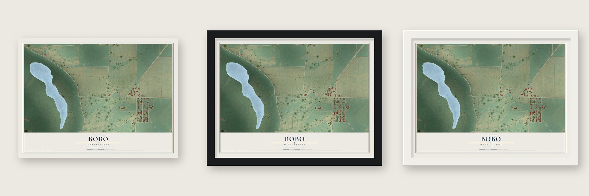 Bobo, Mississippi map unframed, in a black wood frame and in a white wood frame