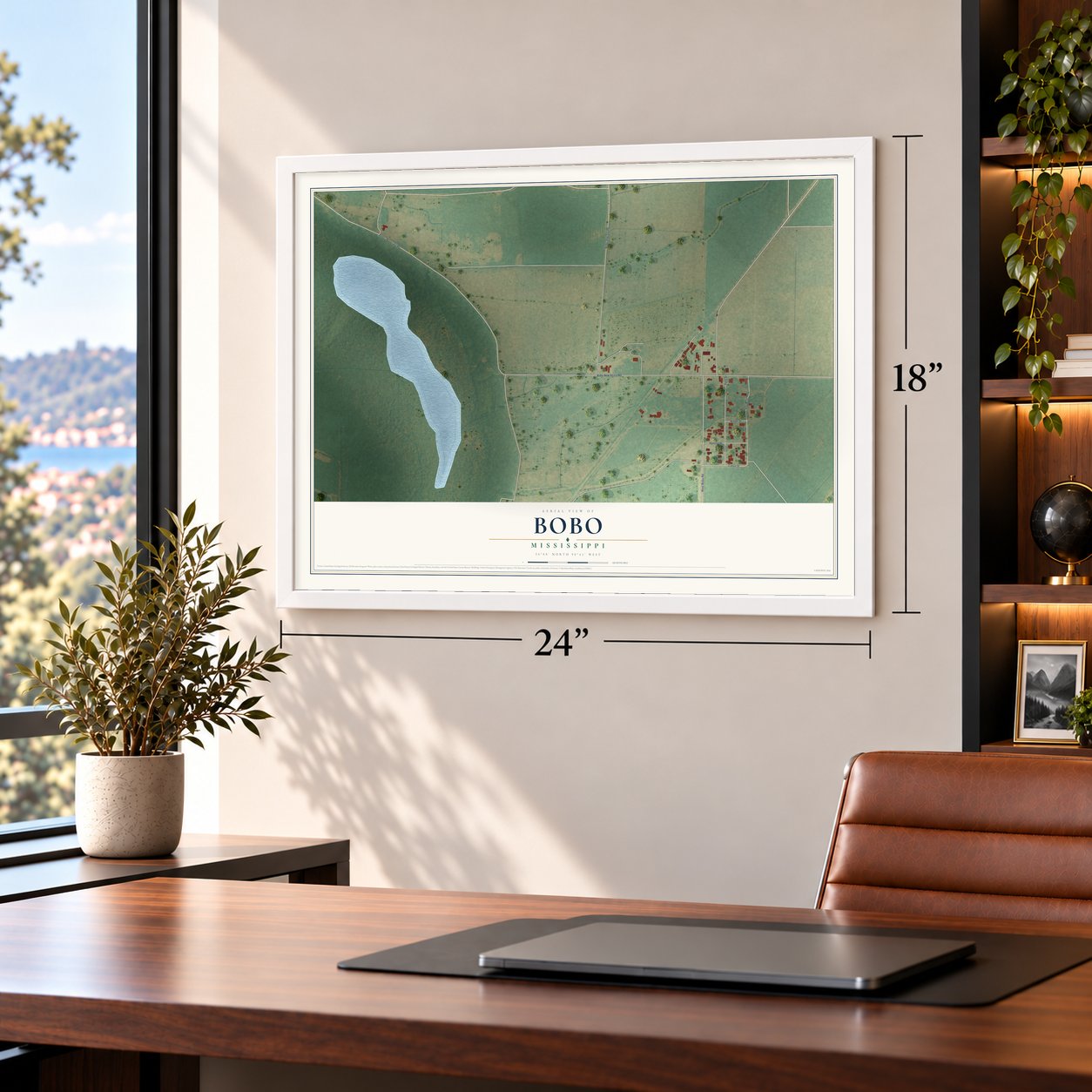 Bobo, Mississippi map, 18 x 24 inch print in a white frame in a home office
