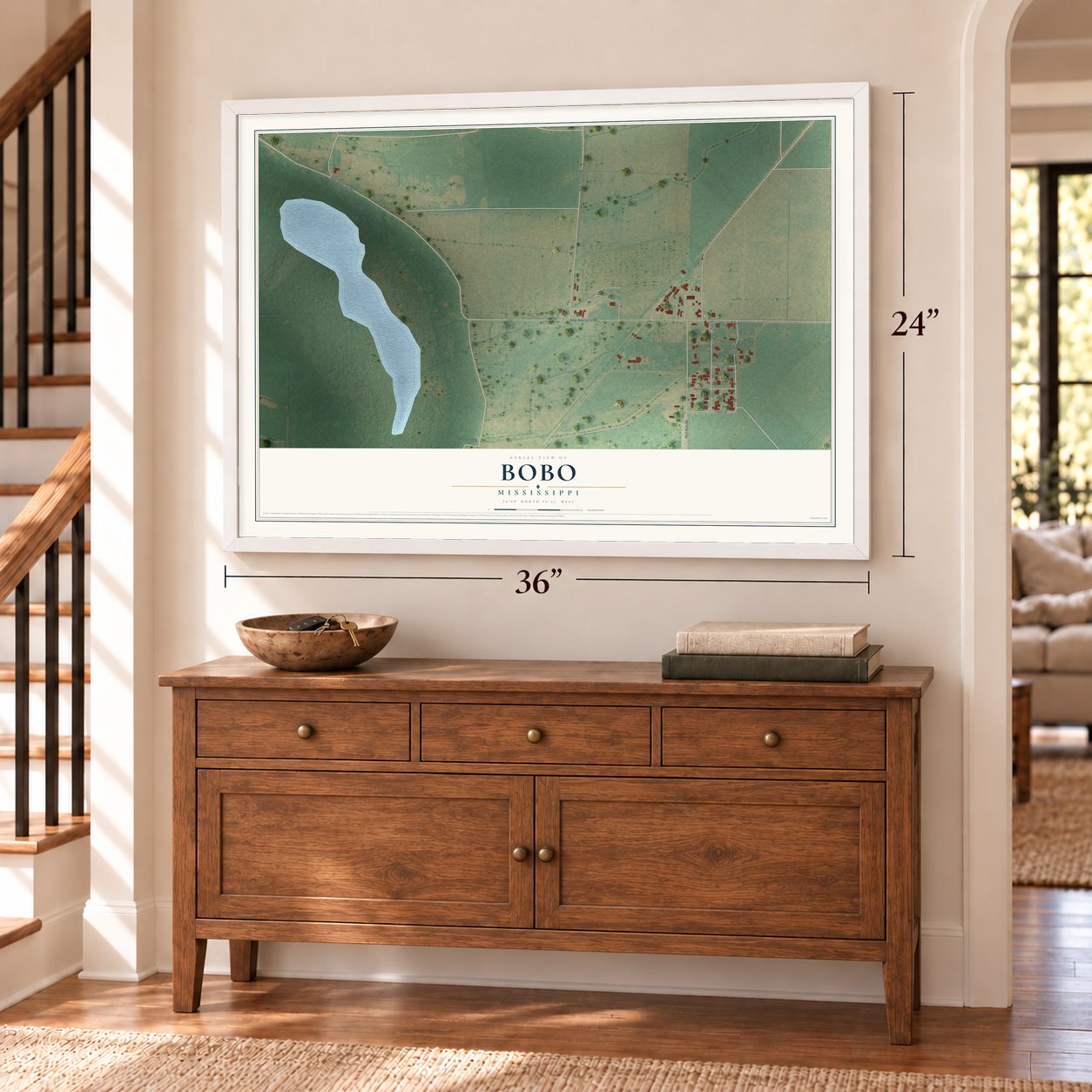 Bobo, Mississippi map, 24 x 36 inch print in a white frame above a dresser by a staircase