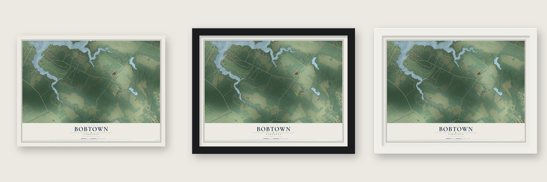 Bobtown, Virginia map unframed, in a black wood frame and in a white wood frame