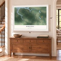 Bobtown, Virginia map, 24 x 36 inch print in a white frame above a dresser by a staircase