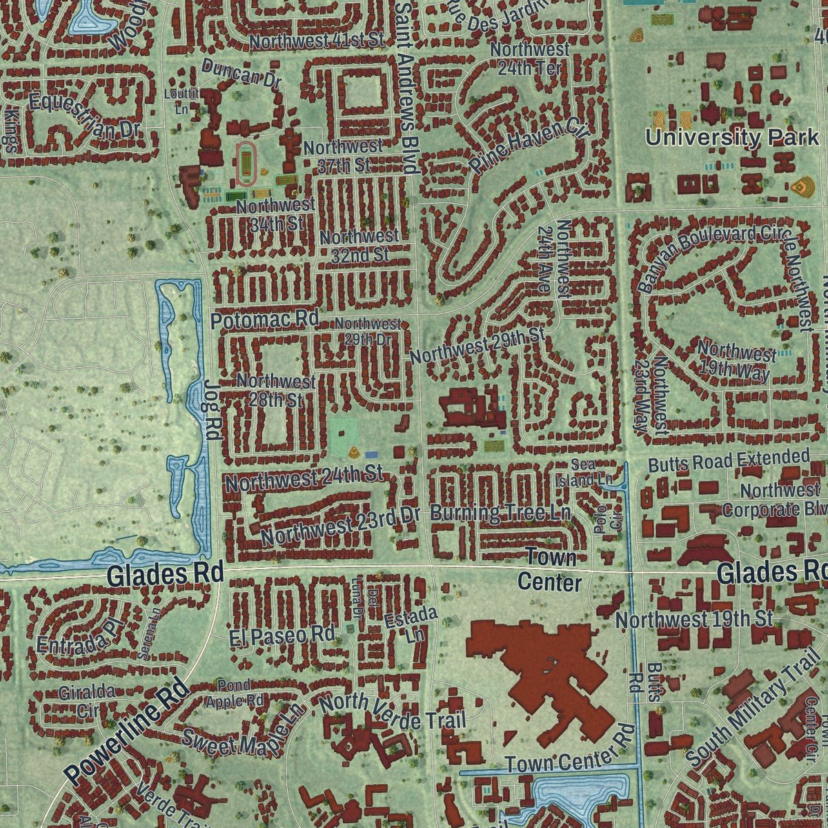 Second close-up of the map of Boca Raton, Florida print showing more streets and buildings