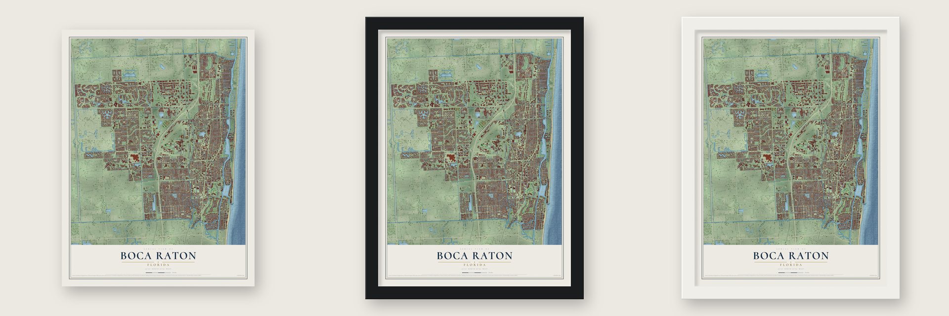 Boca Raton, Florida map unframed, in a black wood frame and in a white wood frame