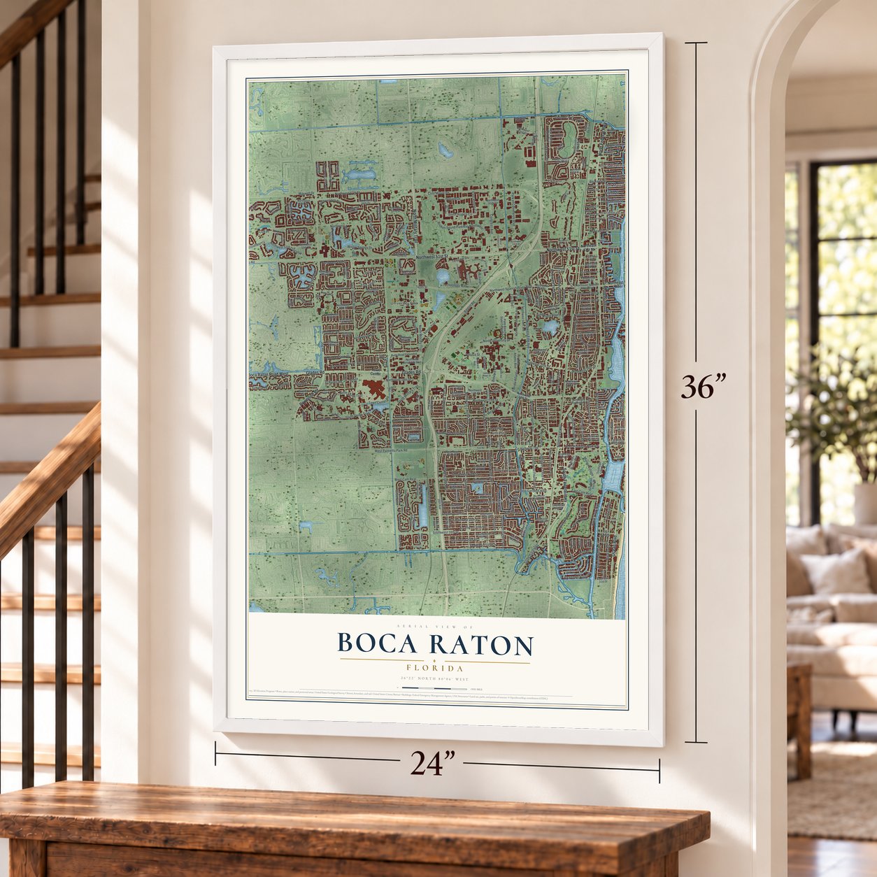 Boca Raton, Florida map, 24 x 36 inch print in a white frame by a staircase