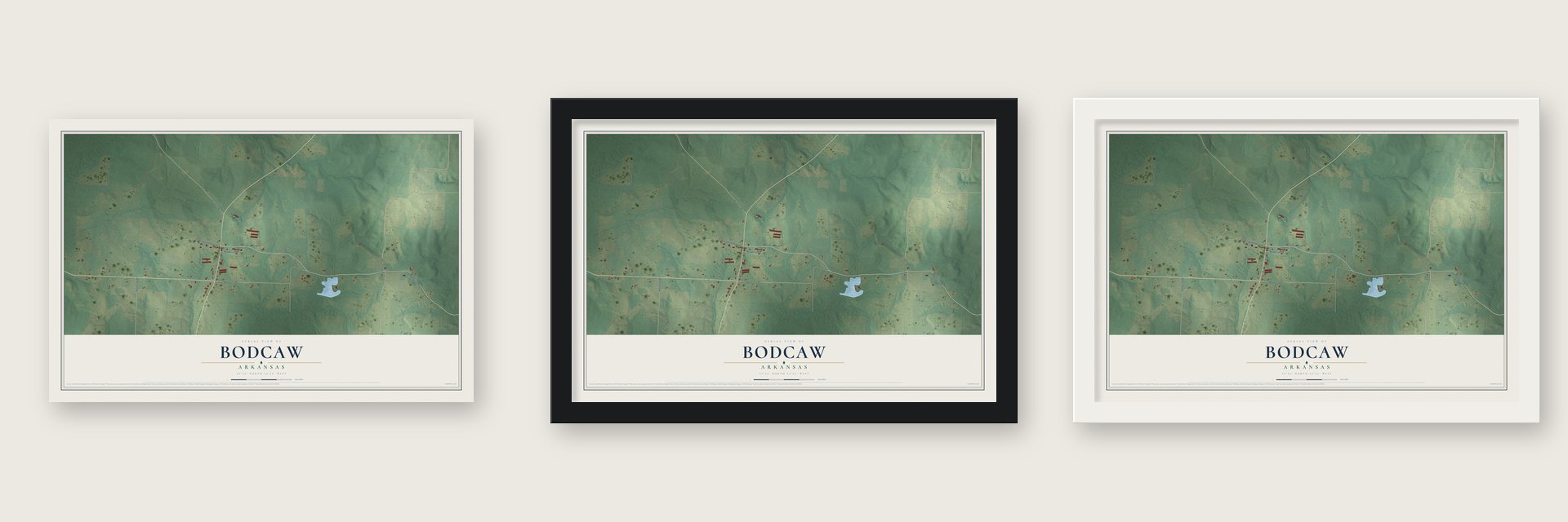 Bodcaw, Arkansas map unframed, in a black wood frame and in a white wood frame