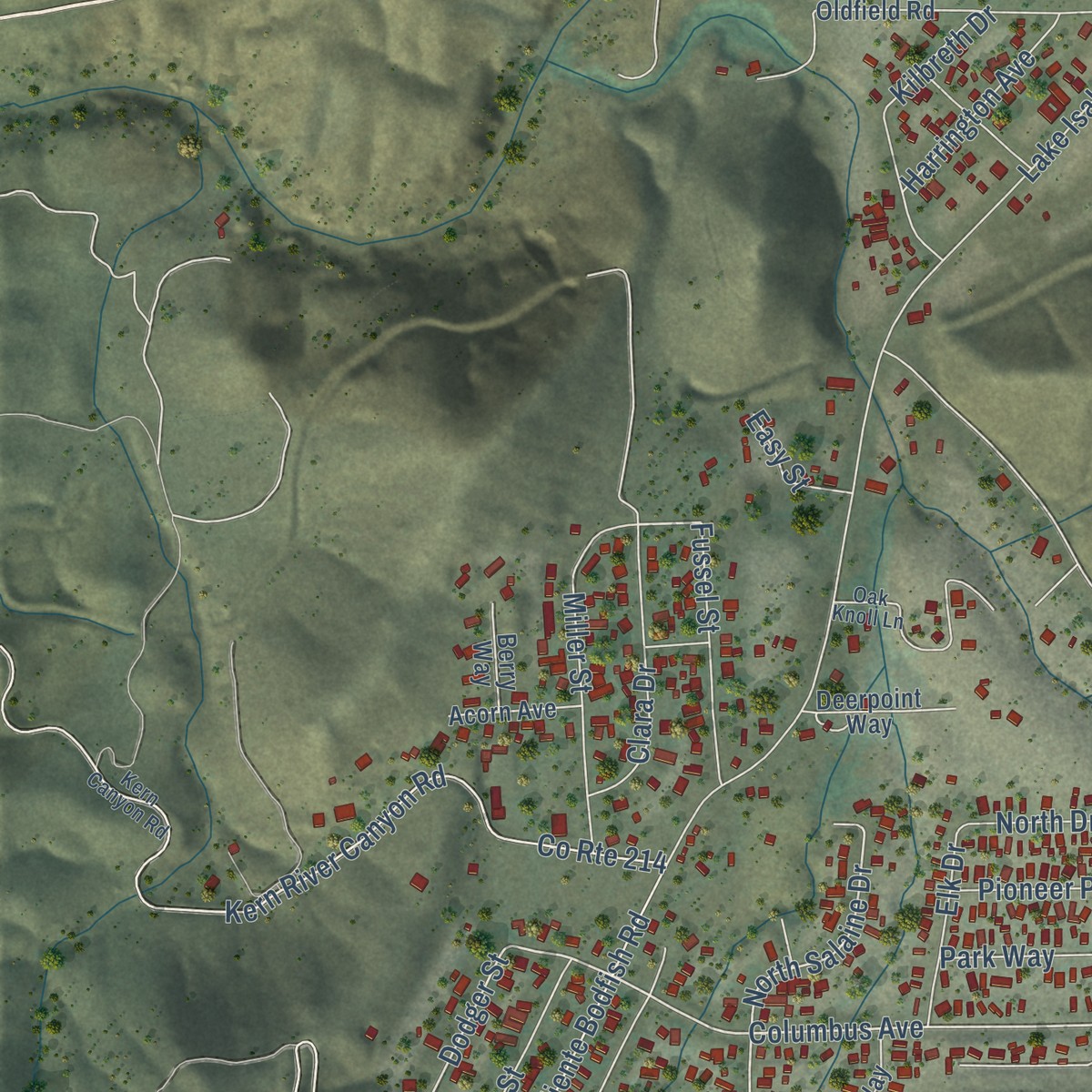 Second close-up of the map of Bodfish, California print showing more streets and buildings
