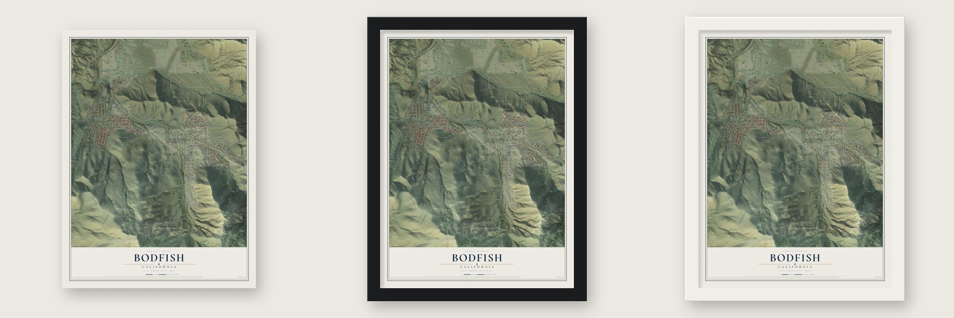 Bodfish, California map unframed, in a black wood frame and in a white wood frame
