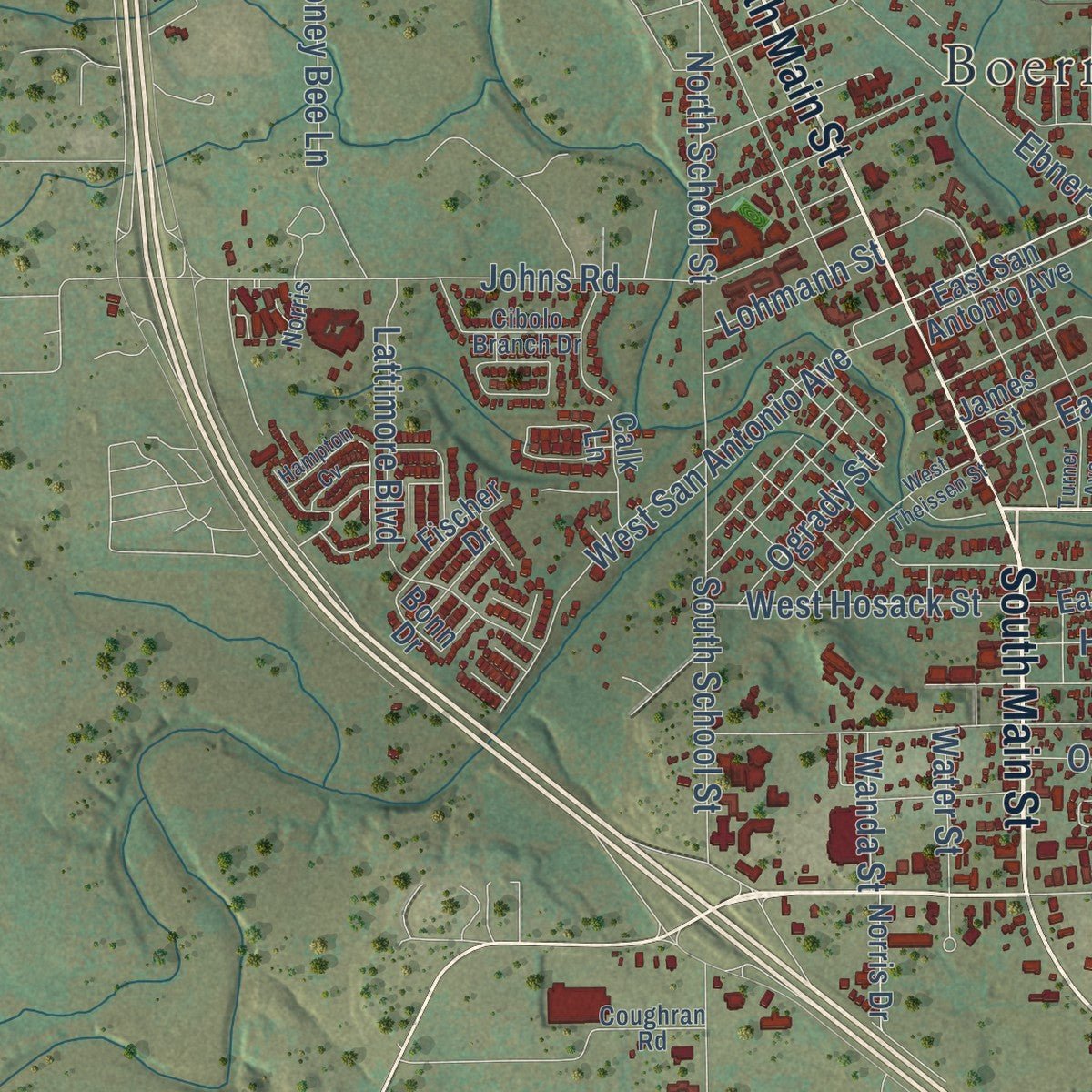 Second close-up of the map of Boerne, Texas print showing more streets and buildings