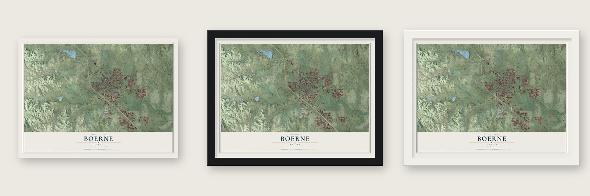 Boerne, Texas map unframed, in a black wood frame and in a white wood frame
