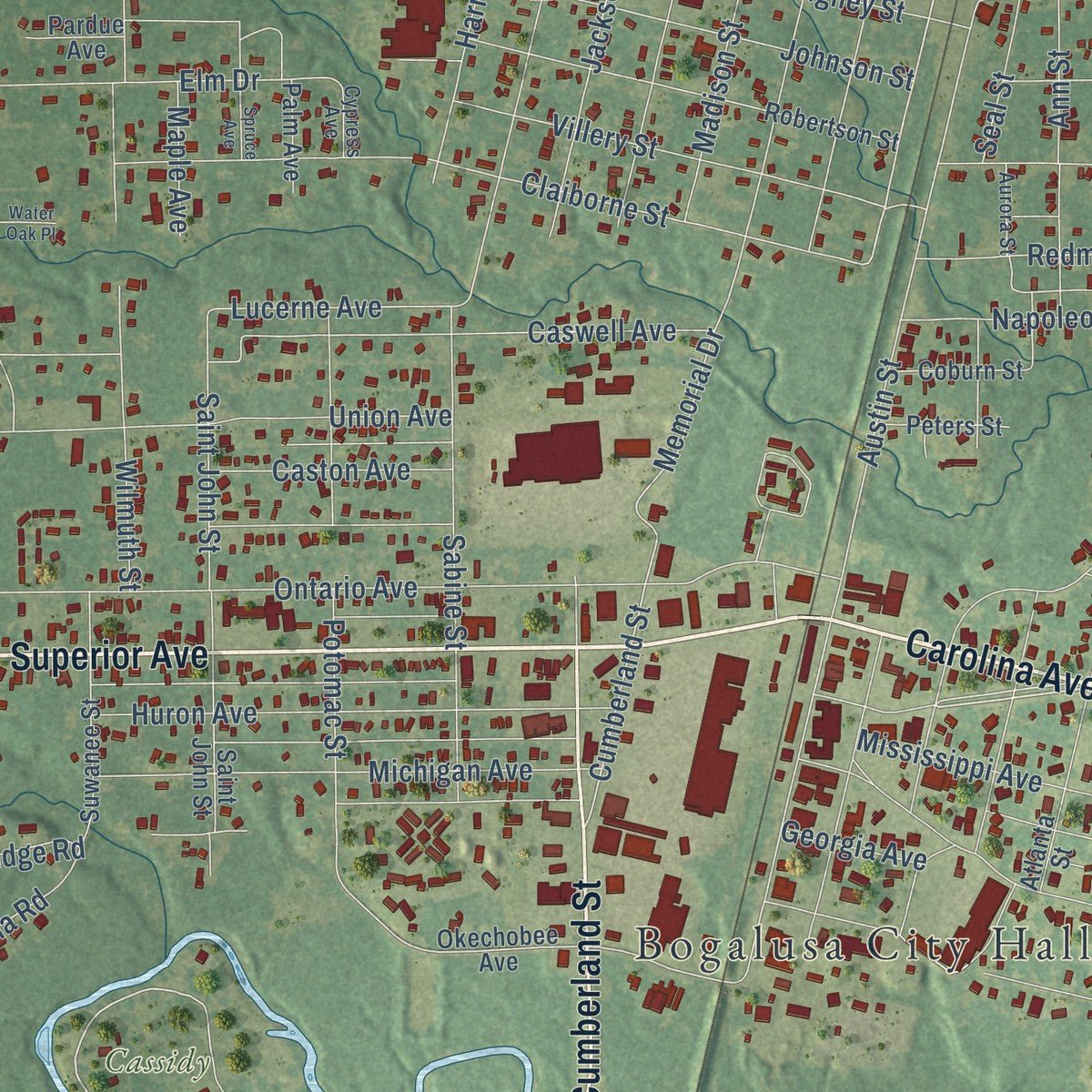 Second close-up of the map of Bogalusa, Louisiana print showing more streets and buildings