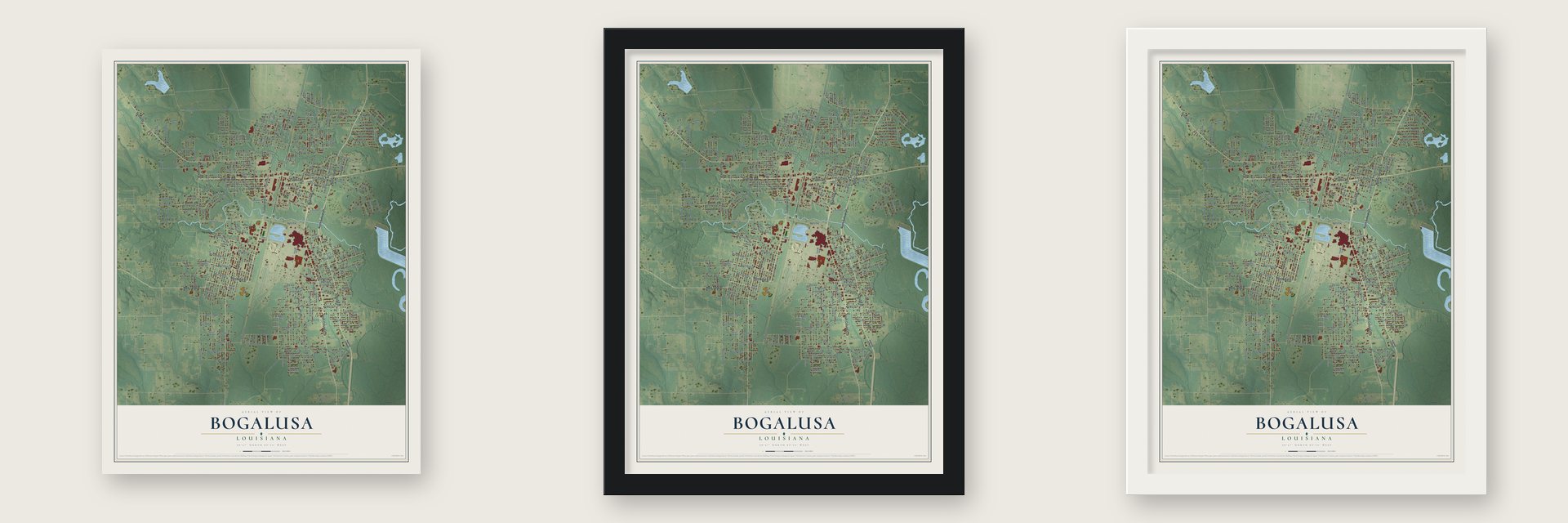 Bogalusa, Louisiana map unframed, in a black wood frame and in a white wood frame