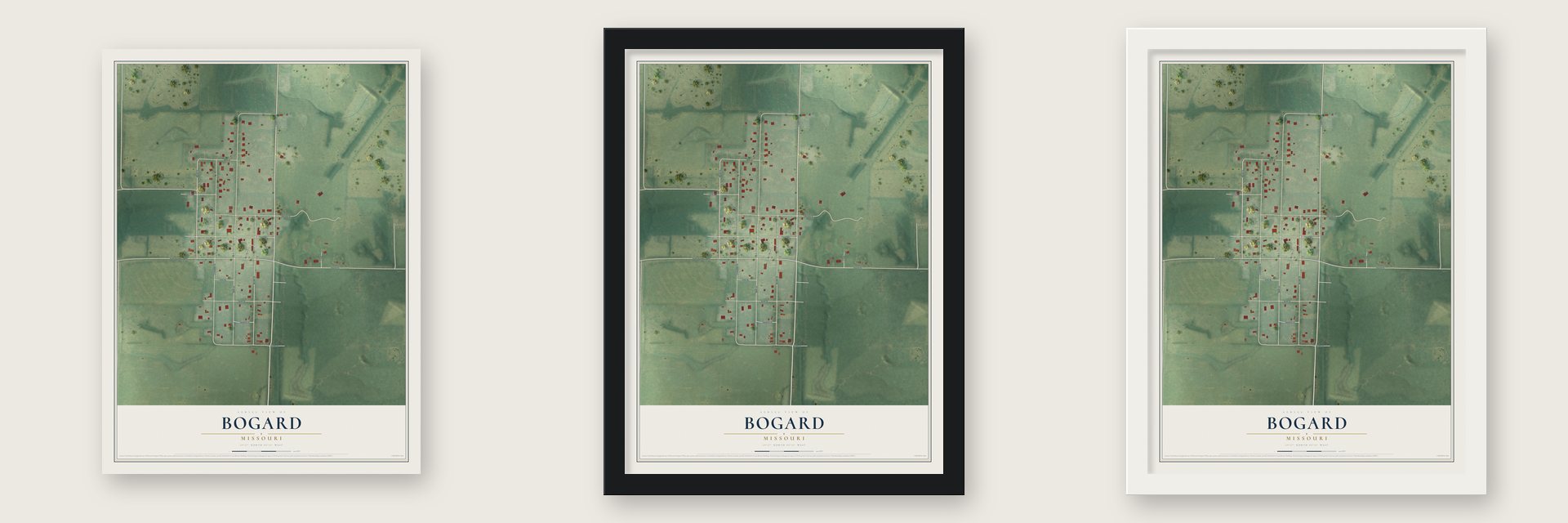 Bogard, Missouri map unframed, in a black wood frame and in a white wood frame