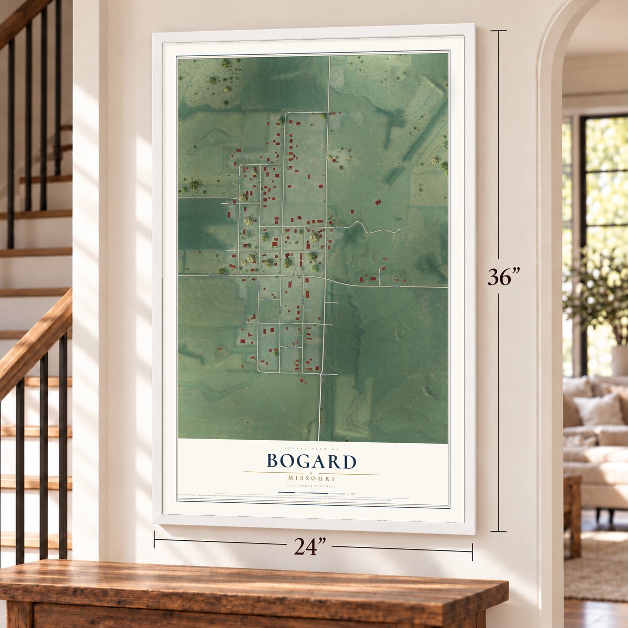 Bogard, Missouri map, 24 x 36 inch print in a white frame by a staircase
