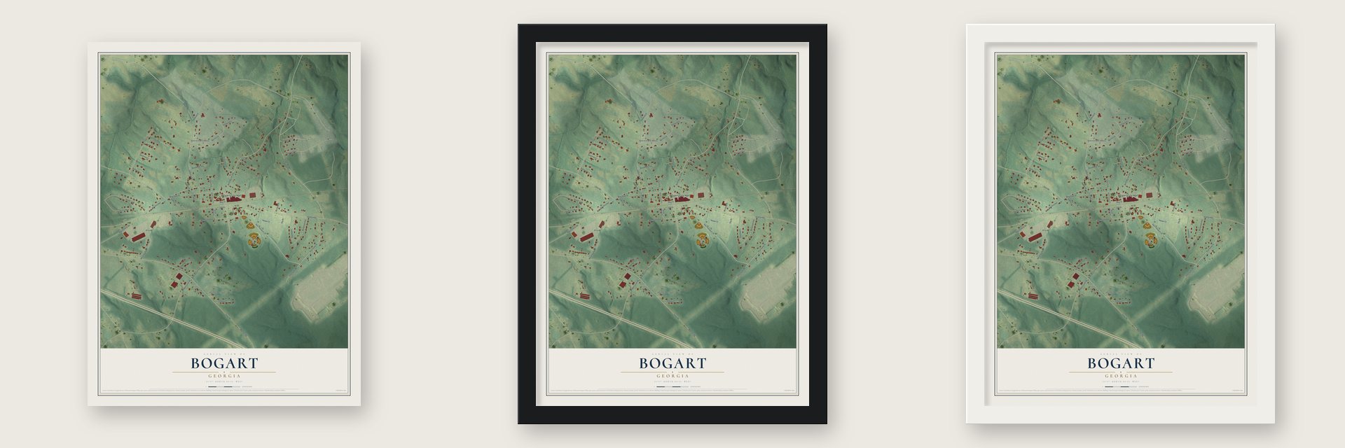 Bogart, Georgia map unframed, in a black wood frame and in a white wood frame