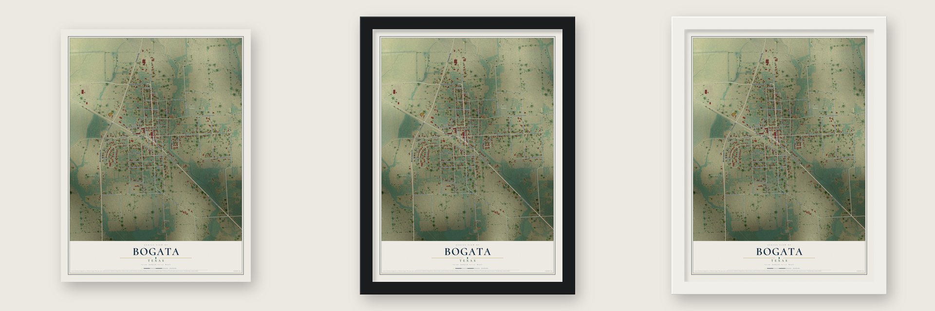 Bogata, Texas map unframed, in a black wood frame and in a white wood frame