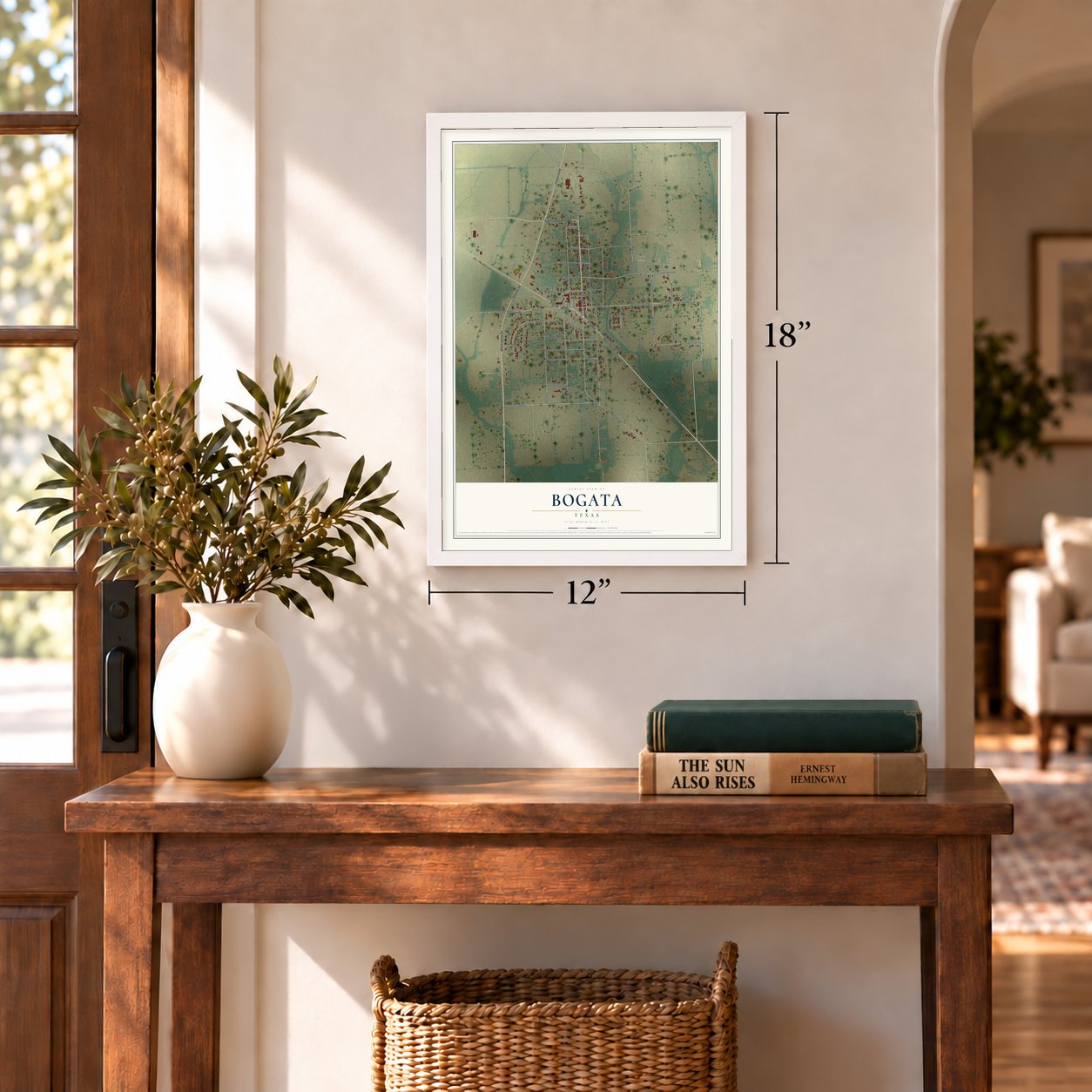 Bogata, Texas map, 12 x 18 inch print in a white frame in an entryway