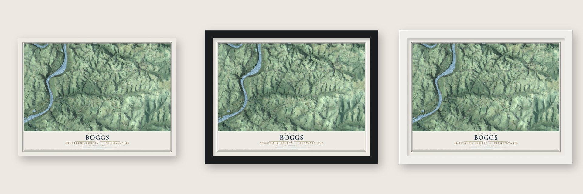 Boggs, Armstrong County, Pennsylvania map unframed, in a black wood frame and in a white wood frame