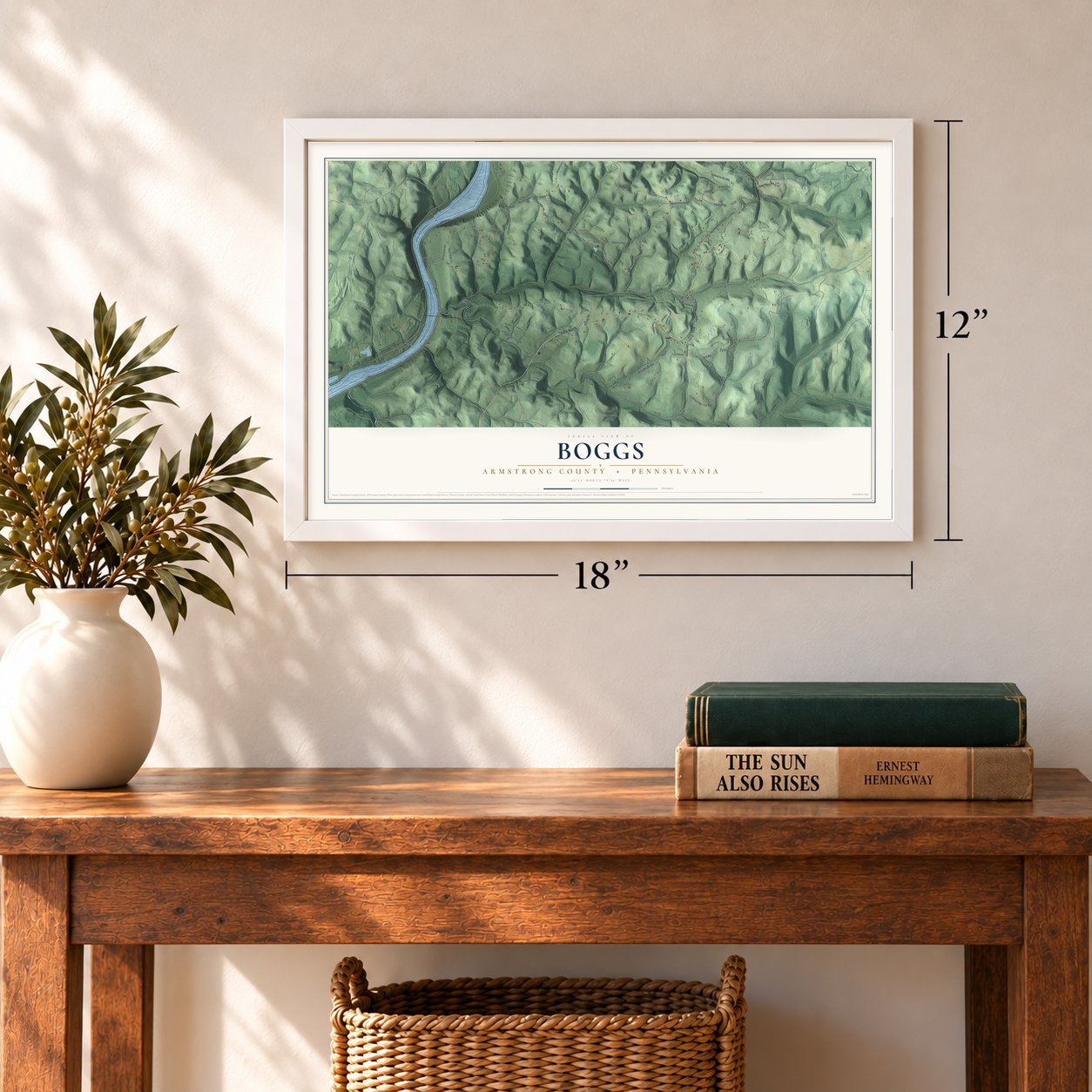 Boggs, Armstrong County, Pennsylvania map, 12 x 18 inch print in a white frame in an entryway