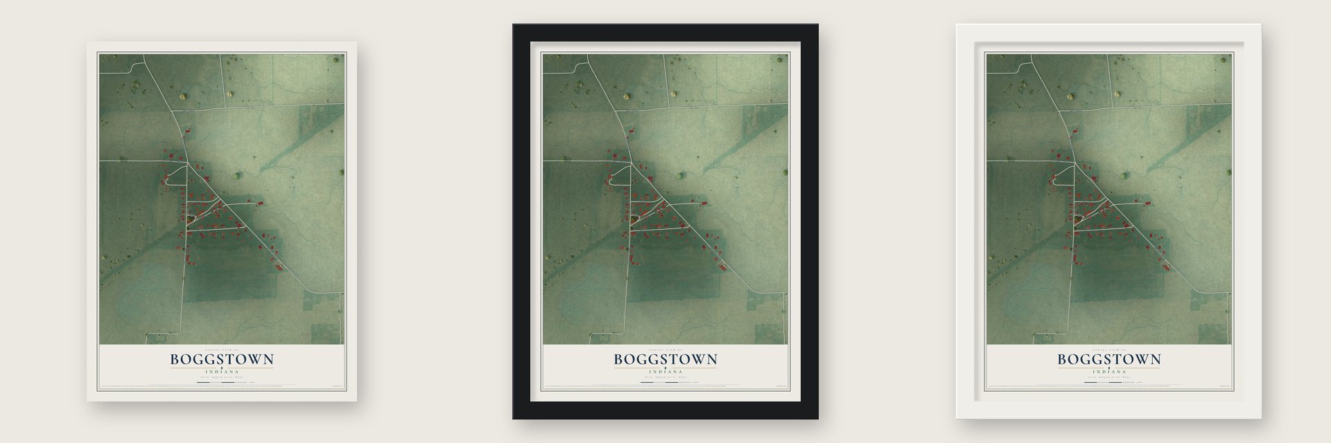 Boggstown, Indiana map unframed, in a black wood frame and in a white wood frame