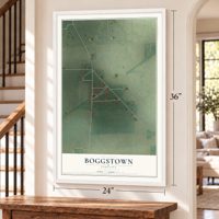 Boggstown, Indiana map, 24 x 36 inch print in a white frame by a staircase