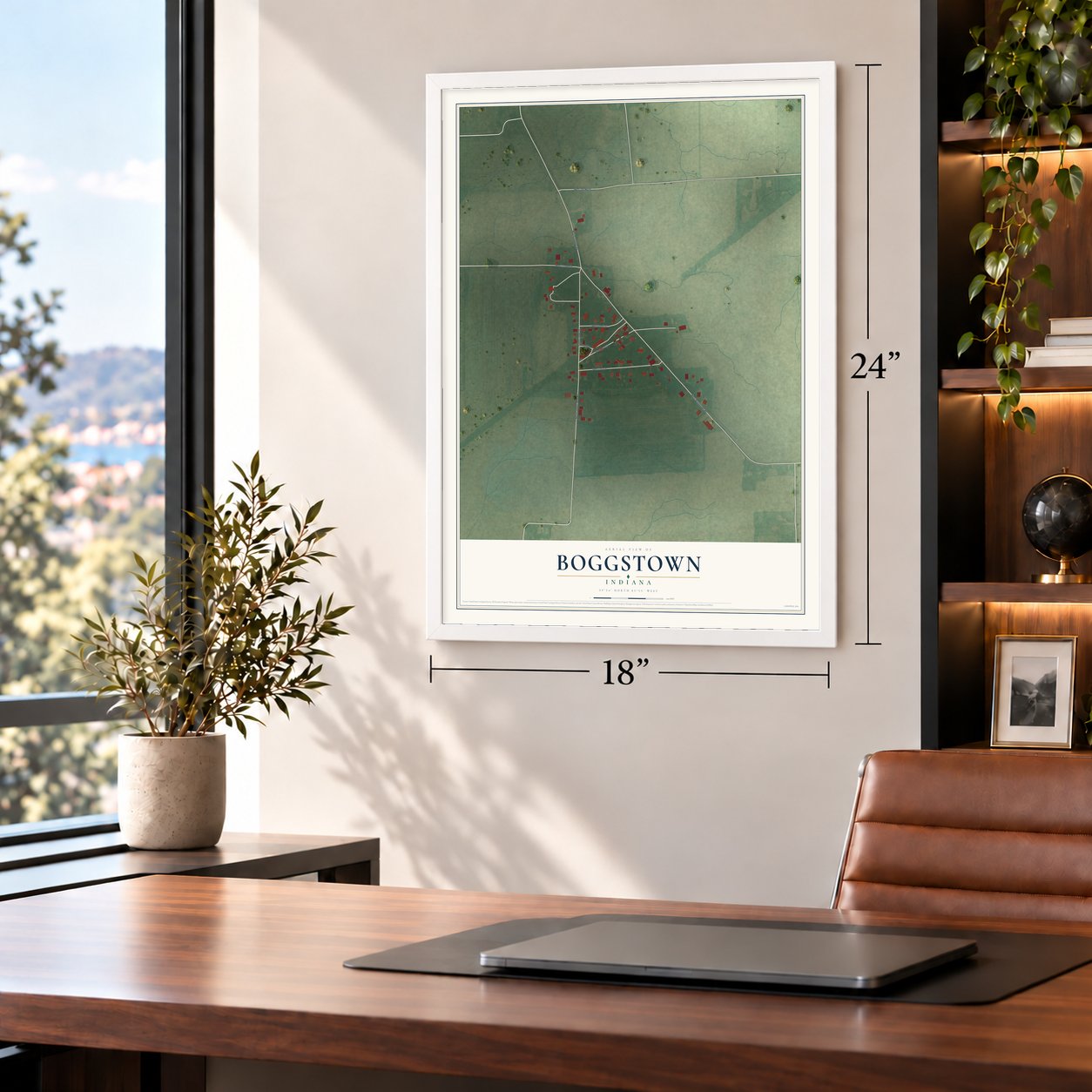 Boggstown, Indiana map, 18 x 24 inch print in a white frame in a home office