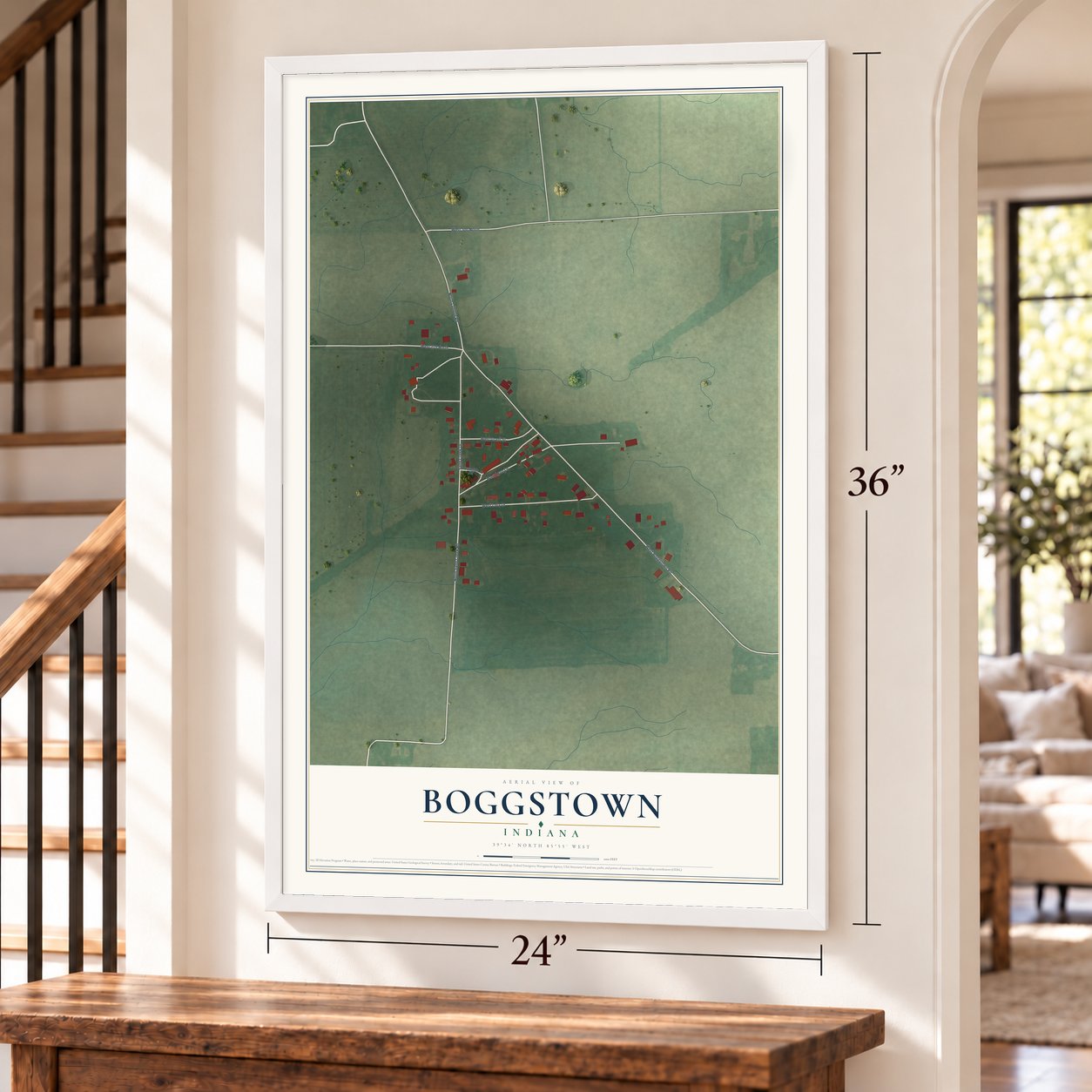 Boggstown, Indiana map, 24 x 36 inch print in a white frame by a staircase