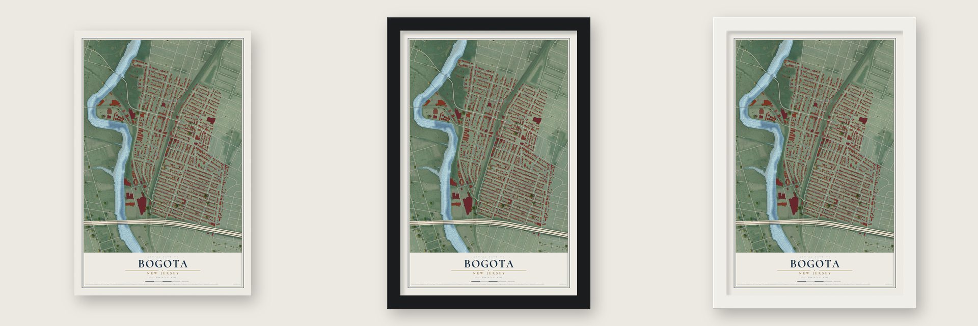 Bogota, New Jersey map unframed, in a black wood frame and in a white wood frame