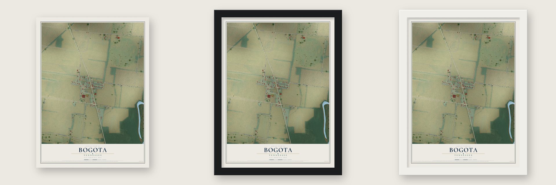 Bogota, Tennessee map unframed, in a black wood frame and in a white wood frame