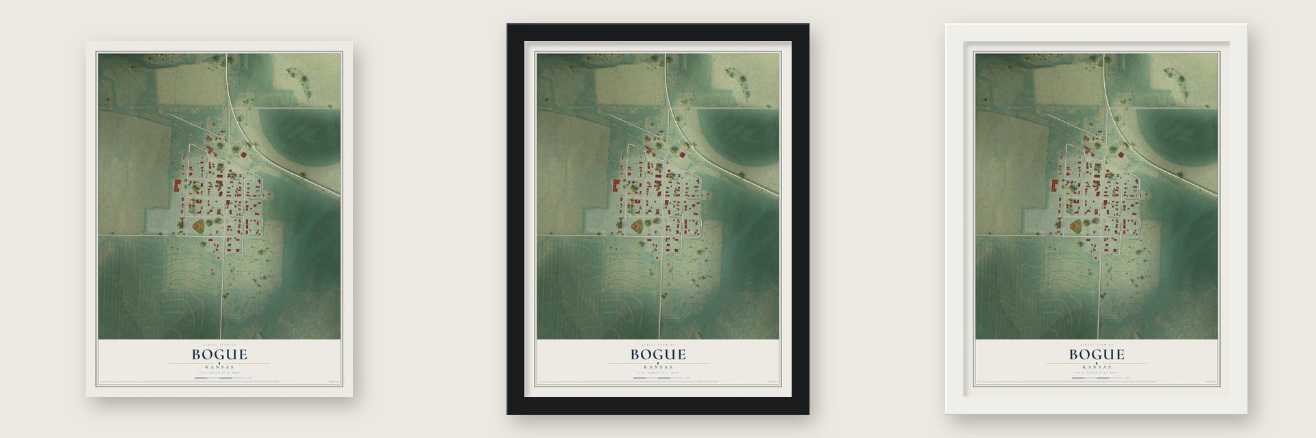 Bogue, Kansas map unframed, in a black wood frame and in a white wood frame