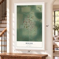 Bogue, Kansas map, 24 x 36 inch print in a white frame by a staircase