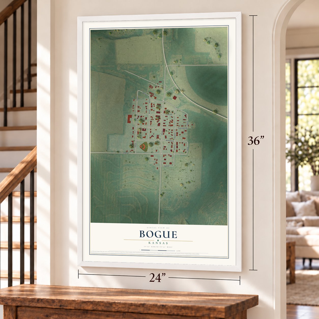 Bogue, Kansas map, 24 x 36 inch print in a white frame by a staircase