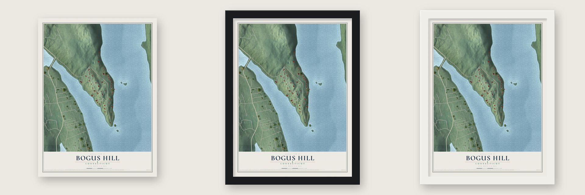 Bogus Hill, Connecticut map unframed, in a black wood frame and in a white wood frame