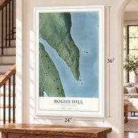 Bogus Hill, Connecticut map, 24 x 36 inch print in a white frame by a staircase