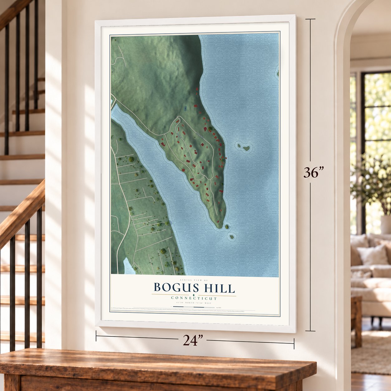 Bogus Hill, Connecticut map, 24 x 36 inch print in a white frame by a staircase