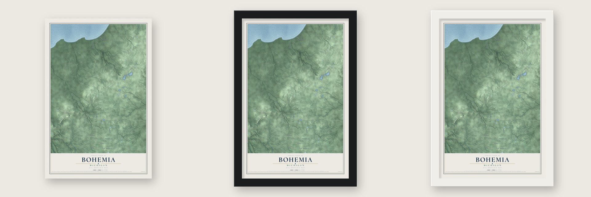 Bohemia, Michigan map unframed, in a black wood frame and in a white wood frame