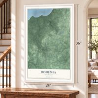 Bohemia, Michigan map, 24 x 36 inch print in a white frame by a staircase
